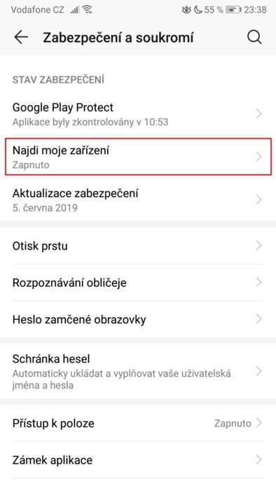 Aktivace aplikace "Najdi moje zařízení"